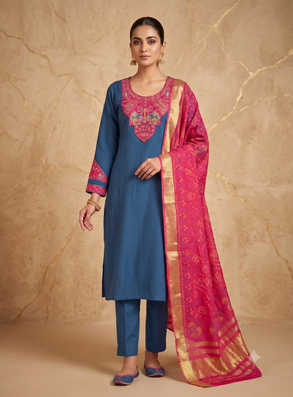Teeya Creation Women Teal Blue Embroidered Straight Kurta With Magenta Dupatta And Pant Set