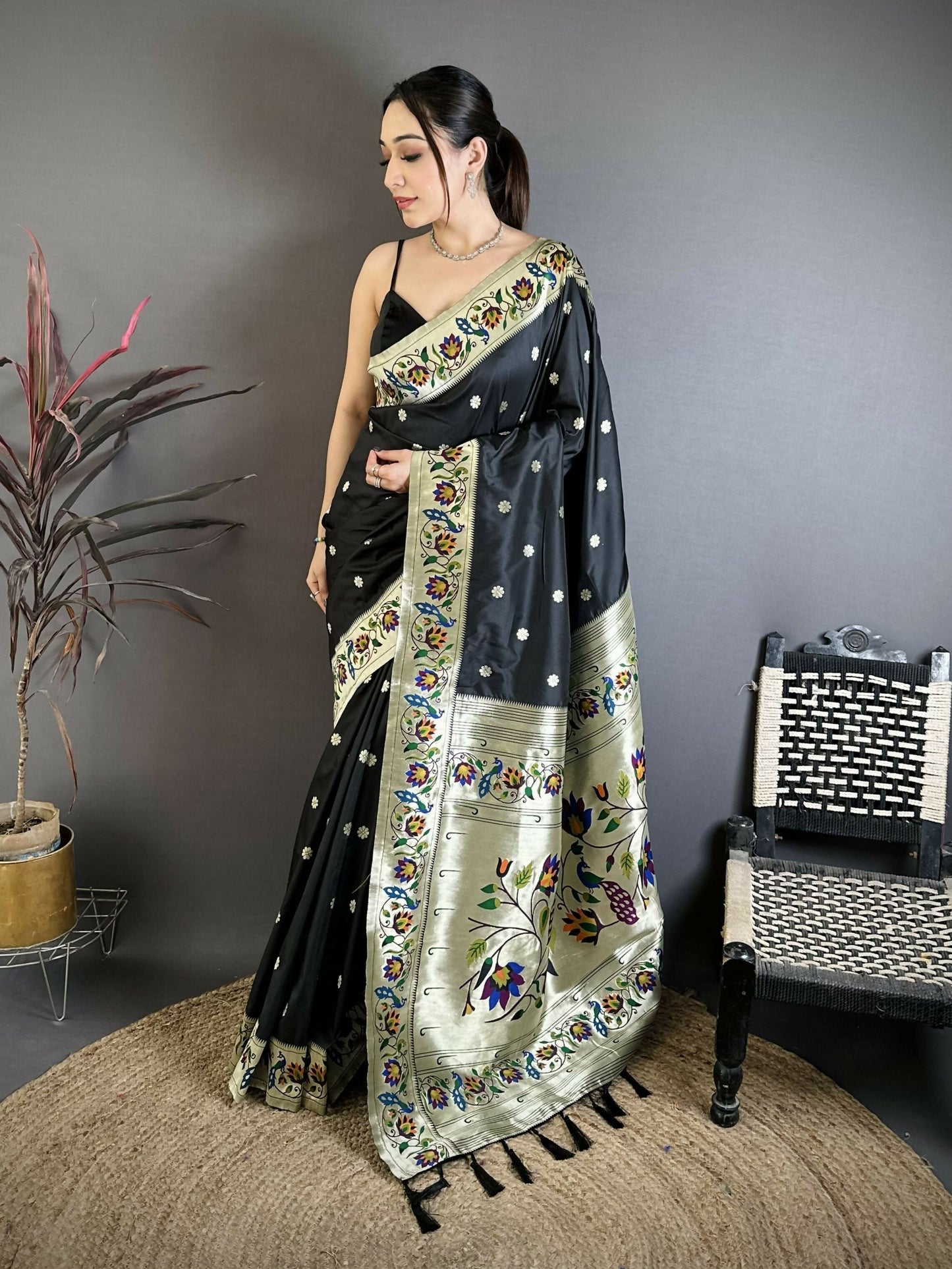 Prime Volt Premium Soft Silk Mayur Paithani Saree with Peacock Meena Weaving & Rich Pallu-Black