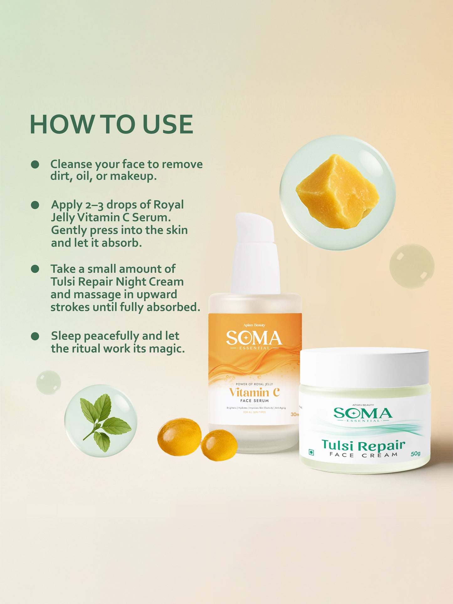 Soma Essential Apian Night calm Ritual - Tulsi Night Cream + Royal Jelly Vitamin C Serum