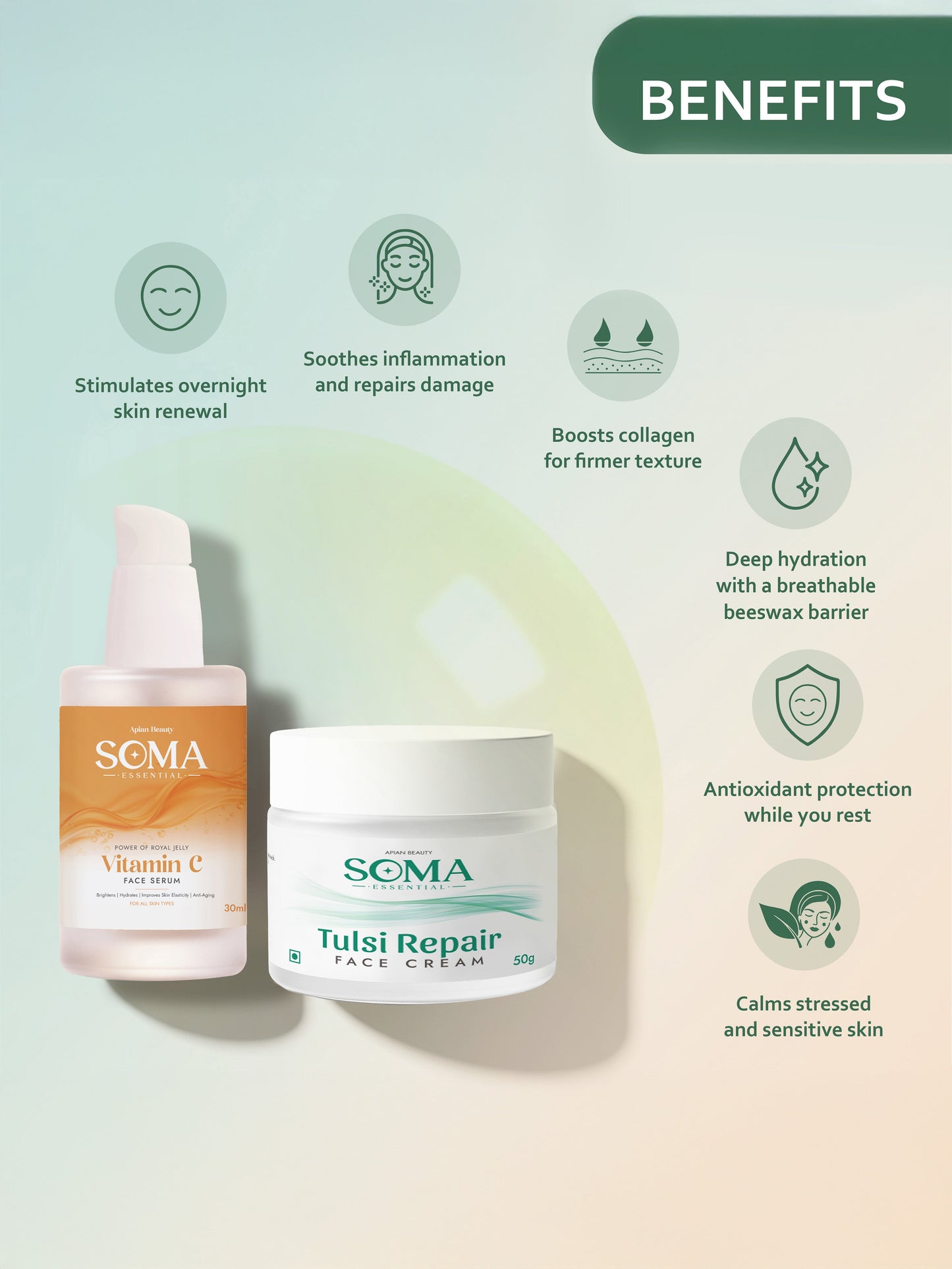 Soma Essential Apian Night calm Ritual - Tulsi Night Cream + Royal Jelly Vitamin C Serum