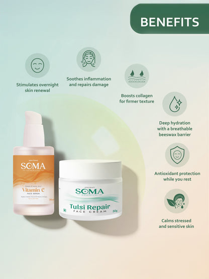 Soma Essential Apian Night calm Ritual - Tulsi Night Cream + Royal Jelly Vitamin C Serum