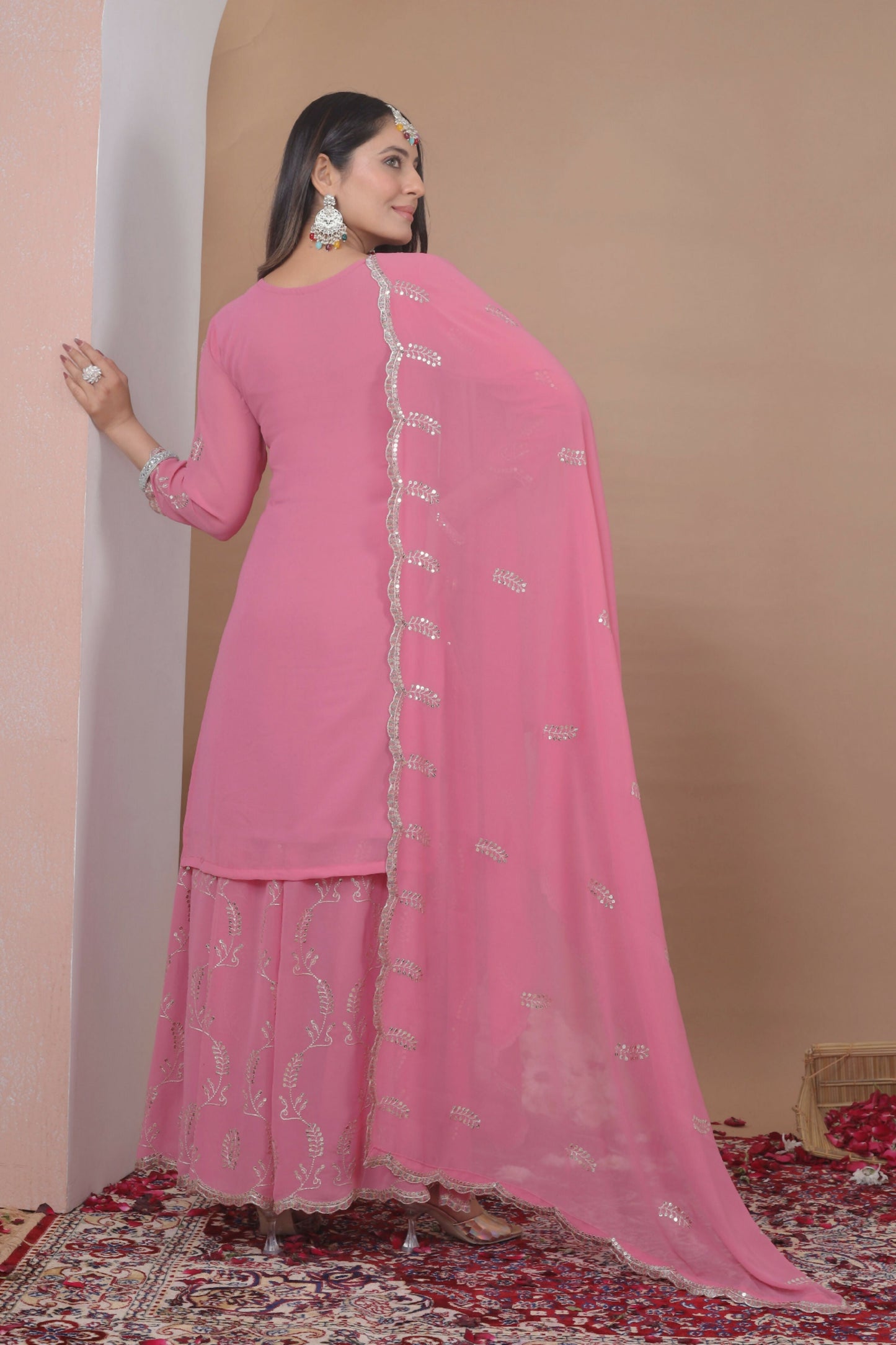 The52 Women's Gorgeous Embroidery Work Fox Georgette Fabric Straight Kurta Sharara and Dupatta Set-Pink