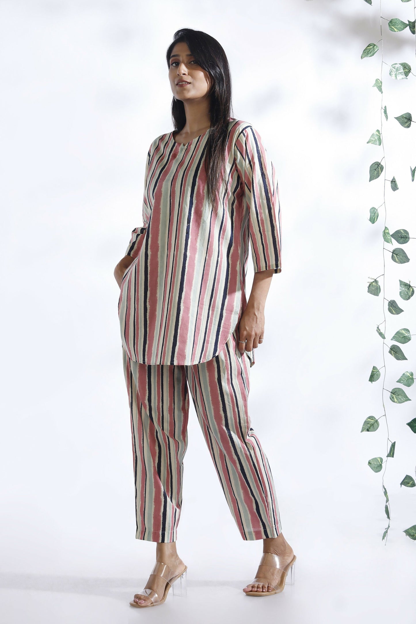 Breathables WomenS Pink Cotton Stripes Loungewear Co-Ord Set