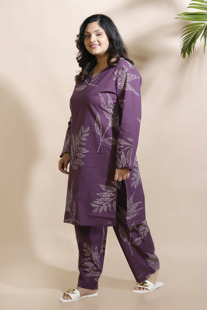 Breathables WomenS Purple Cotton Abstract Print Loungewear Co-Ord Set  Long Kurta & Pants