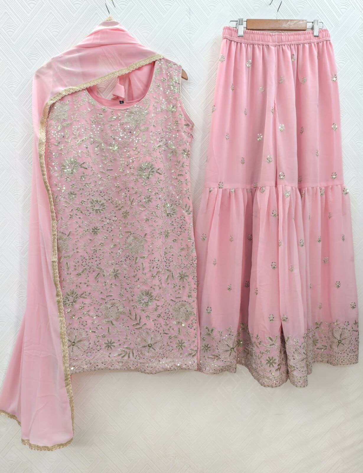Teeya Creation Womens Georgette Pink Embroidered Sharara Set With Sequence Work And Lace Border Dupatta