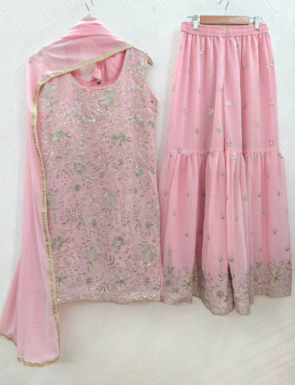 Teeya Creation Womens Georgette Pink Embroidered Sharara Set With Sequence Work And Lace Border Dupatta