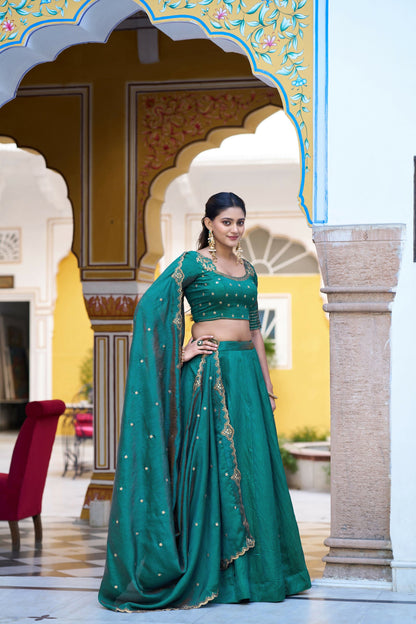 Lorenvalley Fashion Teal NC Silk Plain Lehenga Embroidery Work Choli with Dupatta