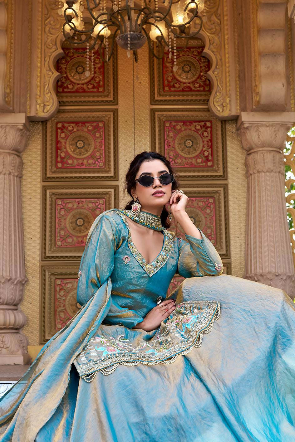 Teeya Creation Womens New Stylish Moti Beads With Cording Sequence Thread Embroidery Work Aqua-Blue Kurta Set