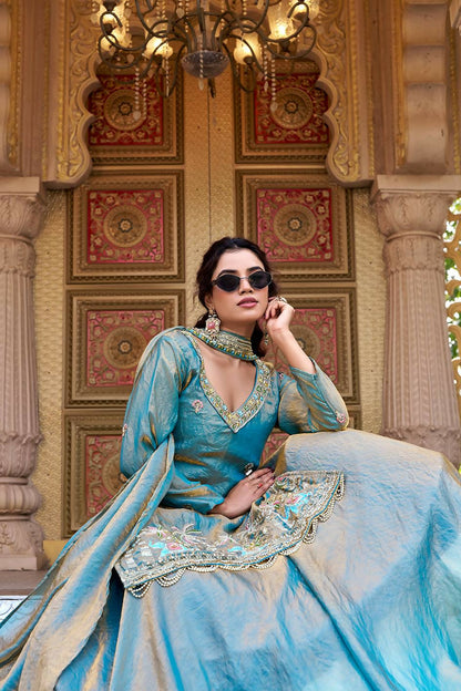 Teeya Creation Womens New Stylish Moti Beads With Cording Sequence Thread Embroidery Work Aqua-Blue Kurta Set