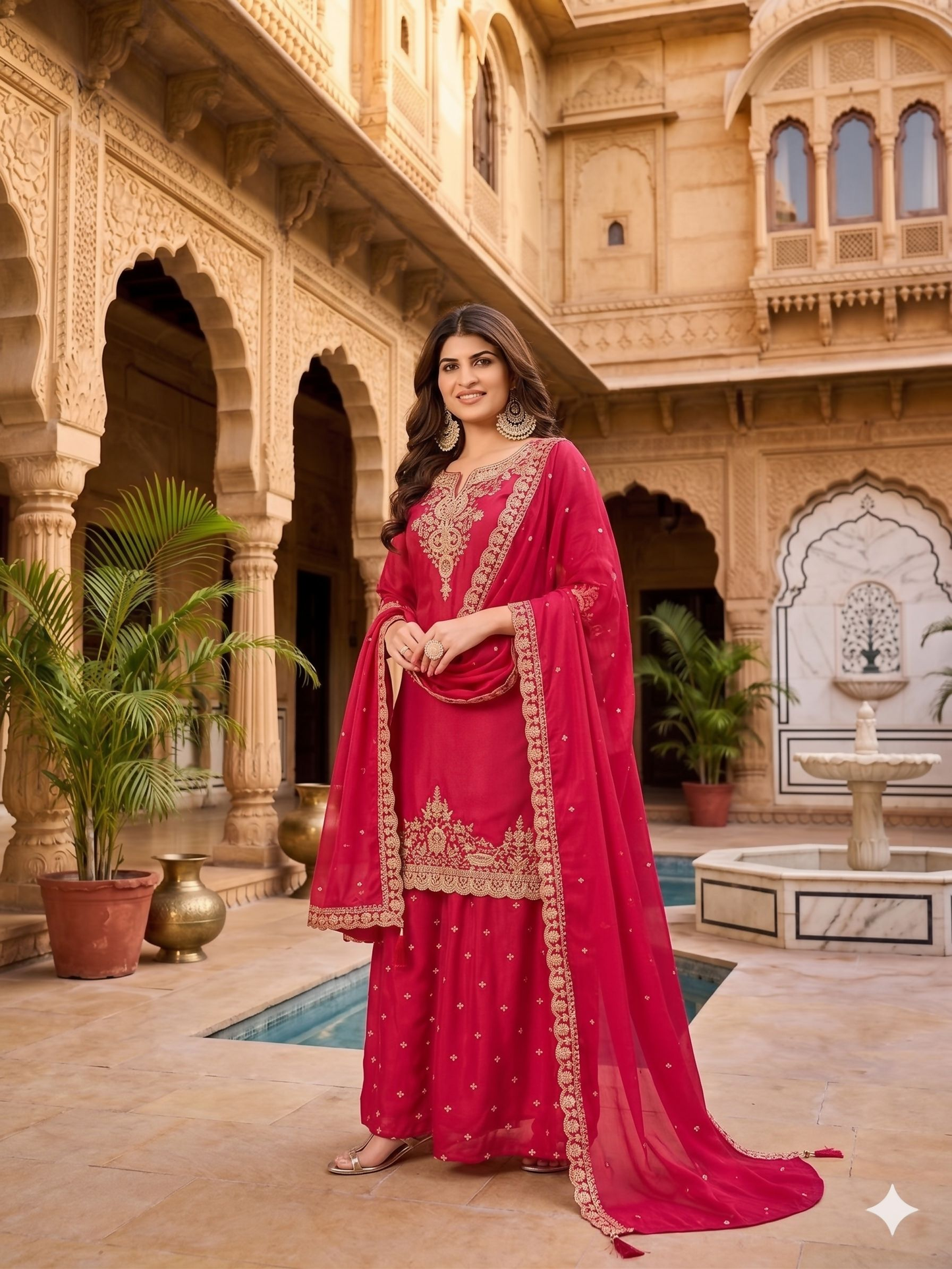 Teeya Creation Womens New Stylish Silk Embroidered Red Sharara Suit With Golden Zari Work And Lace Border Dupatta