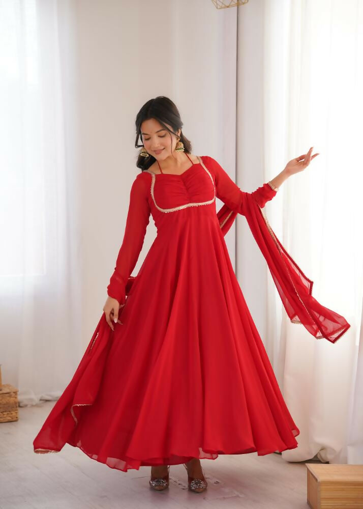 The52 Women's Gorgeous Solid Fox Blooming Georgette Fabric Flared Anarkali and Dupatta Set-Red