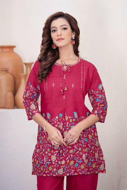Teeya Creation Rani Pink Floral Printed Short Kurta With Straight Pants Co-Ord Set