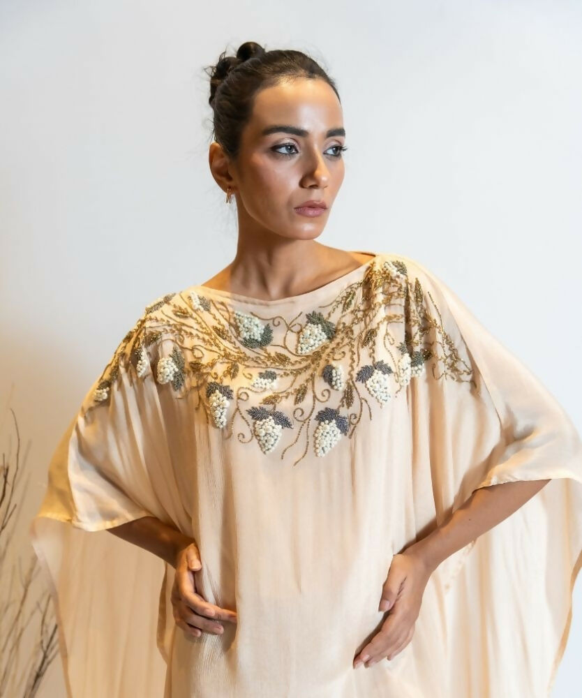 Timaraa Champagne Beige Ombre Embellished Georgette Kaftan Dress