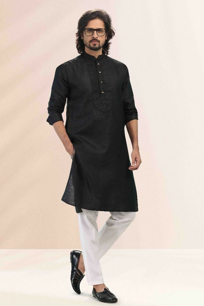 Raivat Ethnic Linen Cotton Pintux Work Kurta Pajama In Black Colour