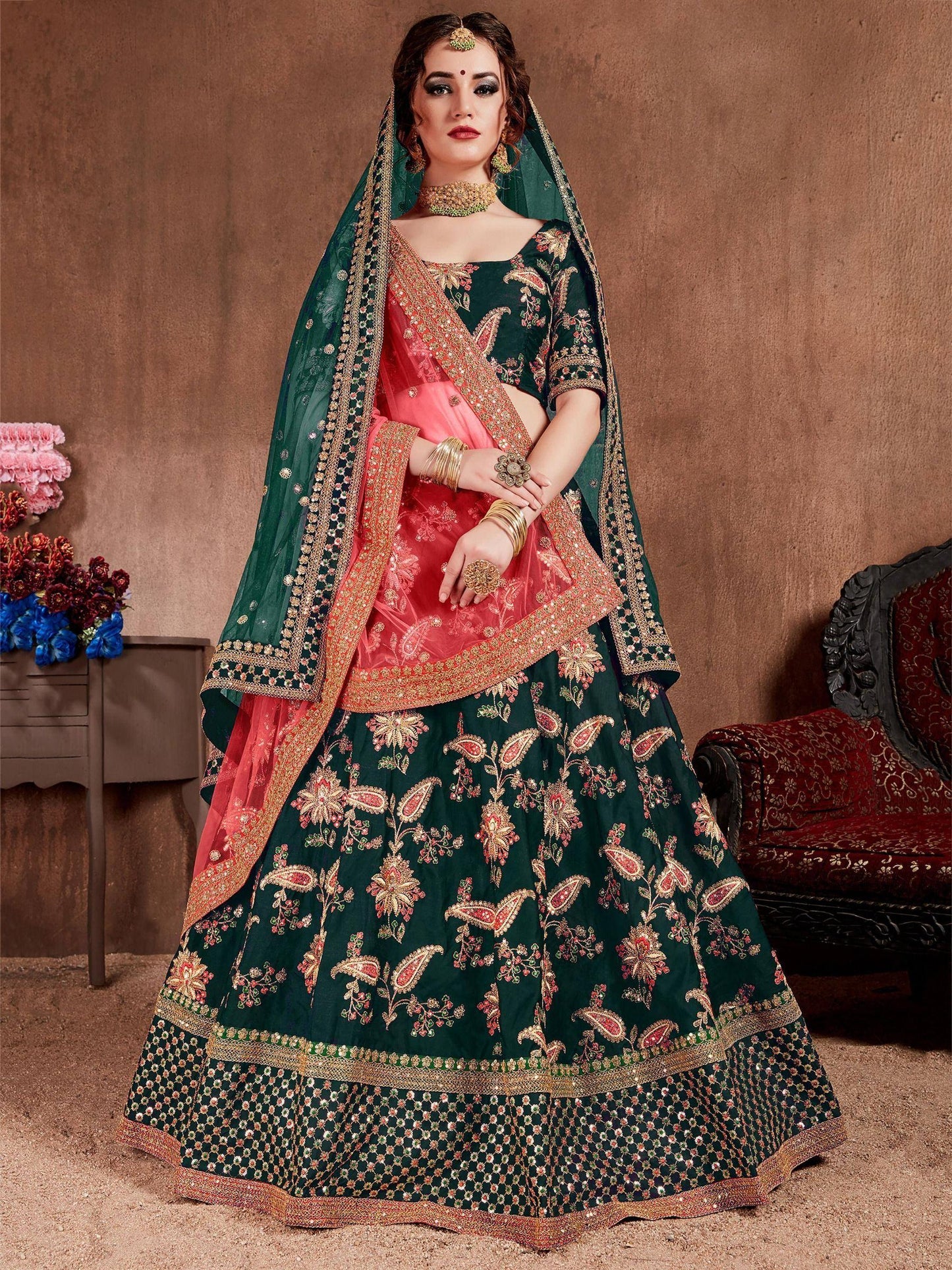 Tulsi Art Bottle Green Embroidered Taffeta Silk Bridal Wear Lehenga Choli