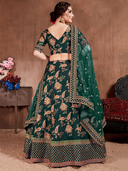 Tulsi Art Bottle Green Embroidered Taffeta Silk Bridal Wear Lehenga Choli