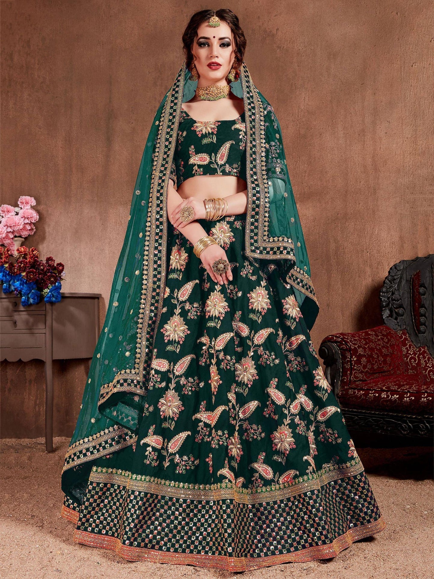 Tulsi Art Bottle Green Embroidered Taffeta Silk Bridal Wear Lehenga Choli
