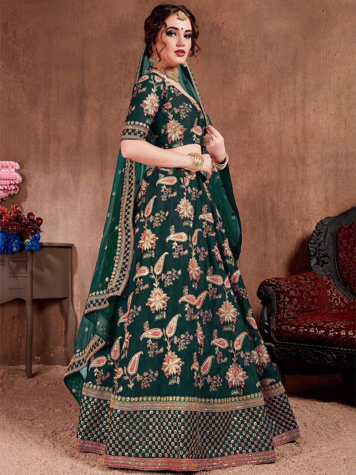 Tulsi Art Bottle Green Embroidered Taffeta Silk Bridal Wear Lehenga Choli