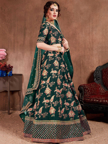 Tulsi Art Bottle Green Embroidered Taffeta Silk Bridal Wear Lehenga Choli