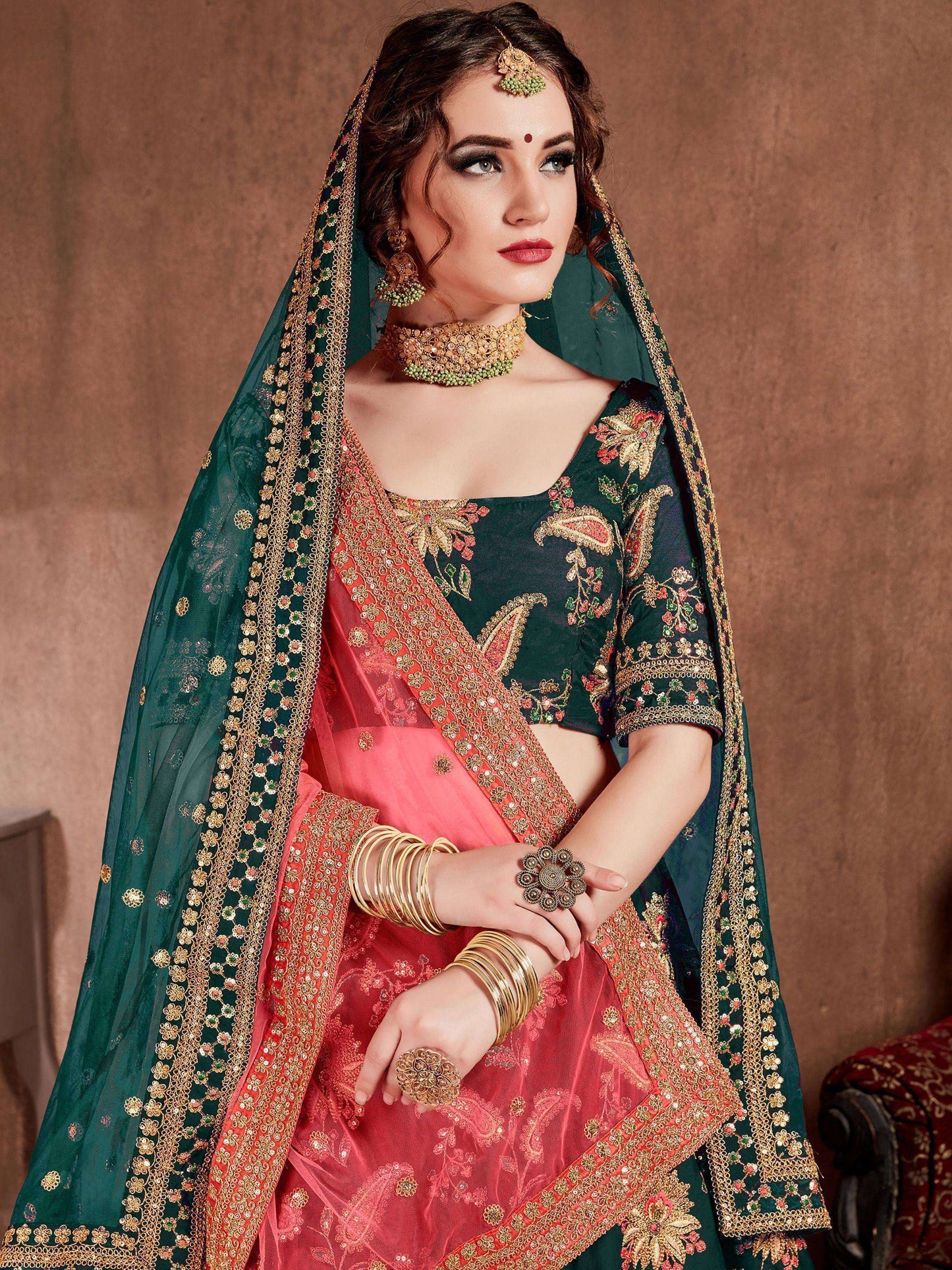 Tulsi Art Bottle Green Embroidered Taffeta Silk Bridal Wear Lehenga Choli