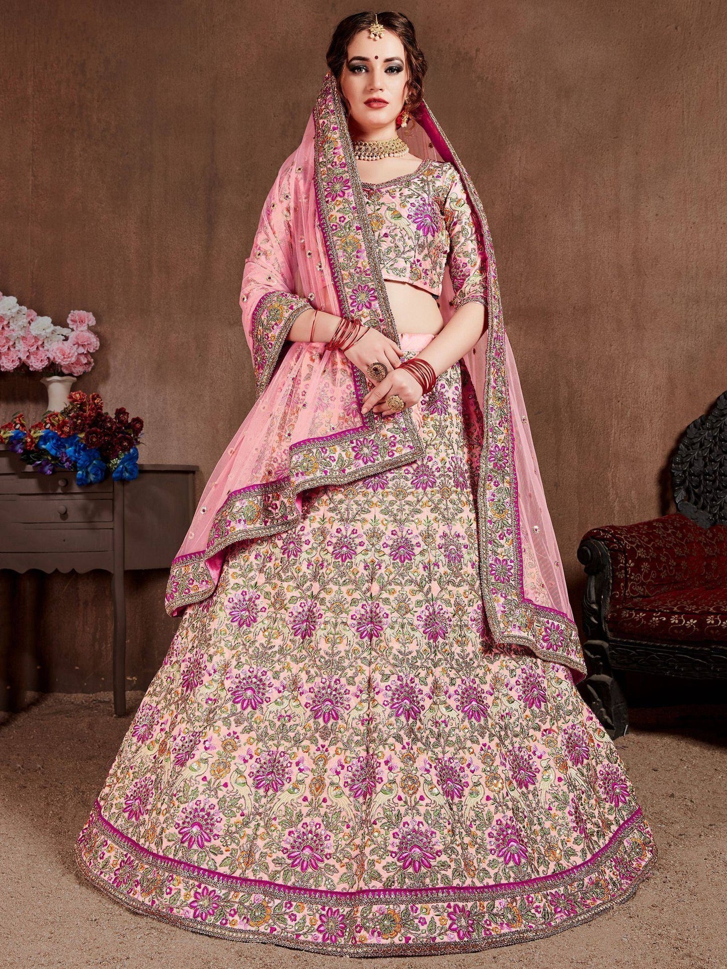 Tulsi Art Pastel Pink Embroidered Taffeta Bridal Wear Lehenga Choli