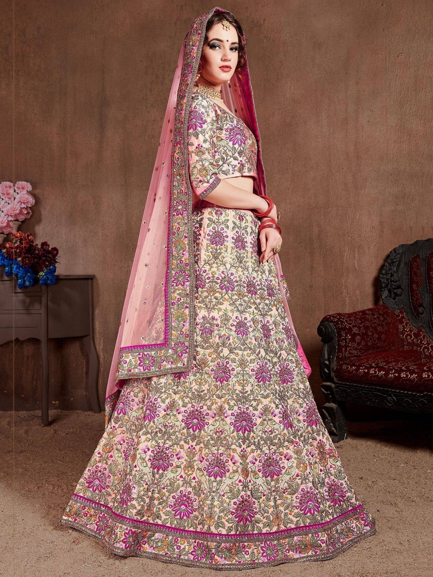 Tulsi Art Pastel Pink Embroidered Taffeta Bridal Wear Lehenga Choli