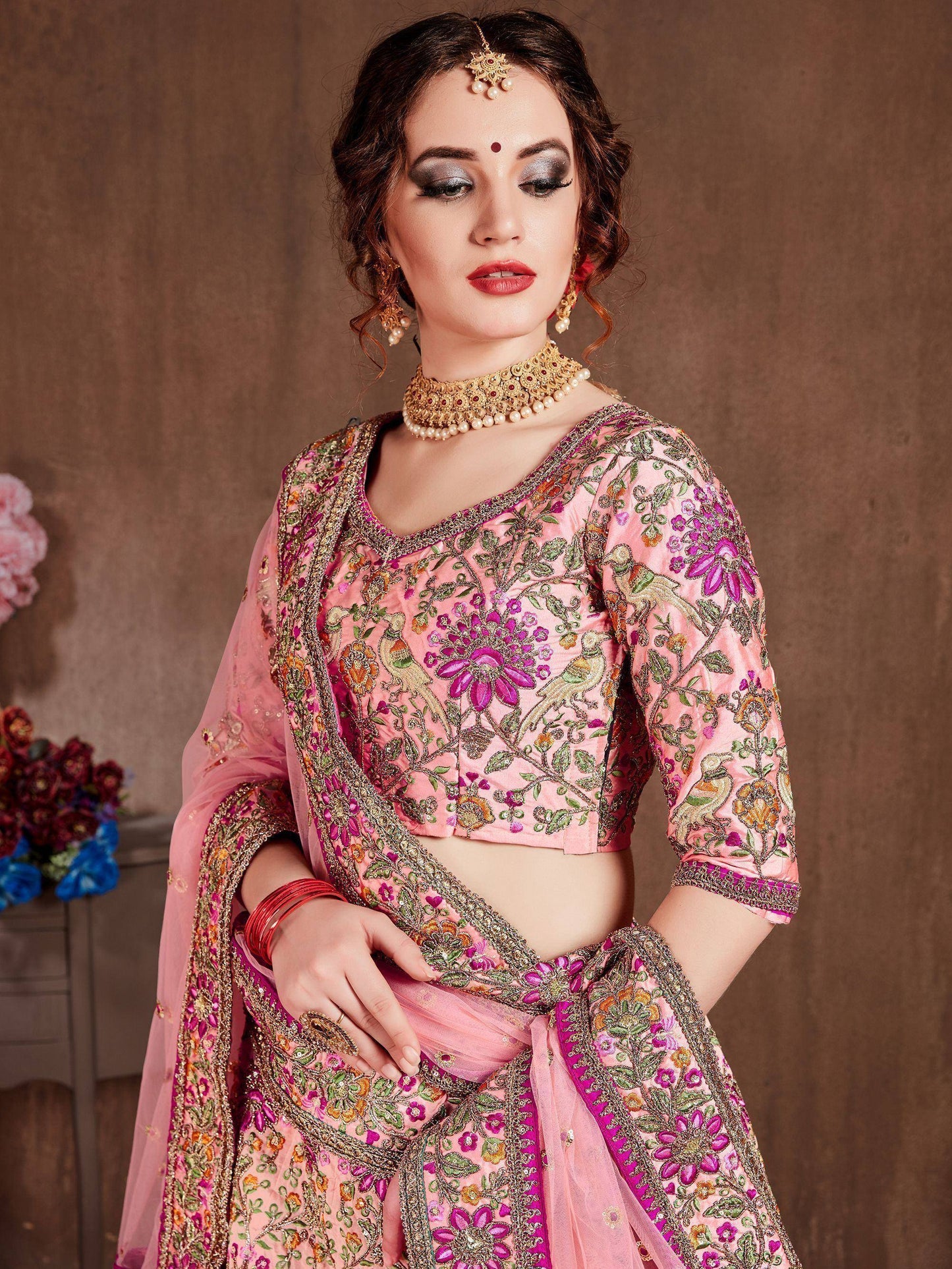 Tulsi Art Pastel Pink Embroidered Taffeta Bridal Wear Lehenga Choli
