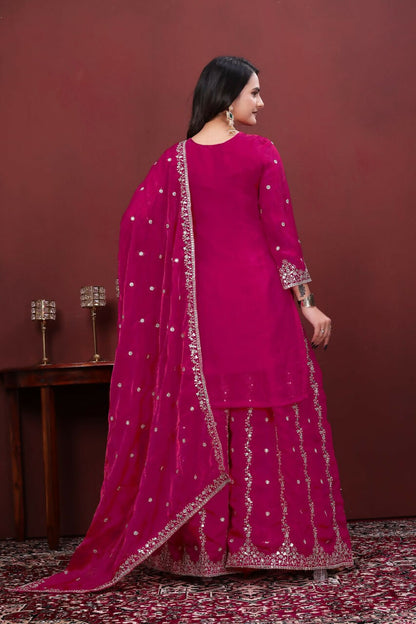 Teeya Creation Women'S Magenta Pink Faux Georgette Zari Work Kurta Sharara Set