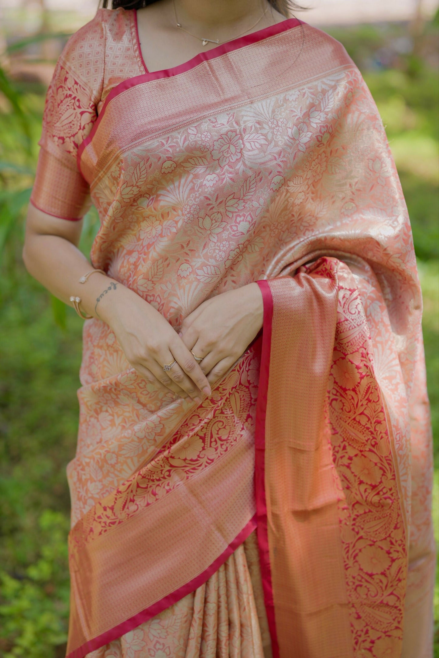 Prime Volt Bridal Kanchipuram Silk Saree with Rich Zari Weaving & Contrast Border-Orange