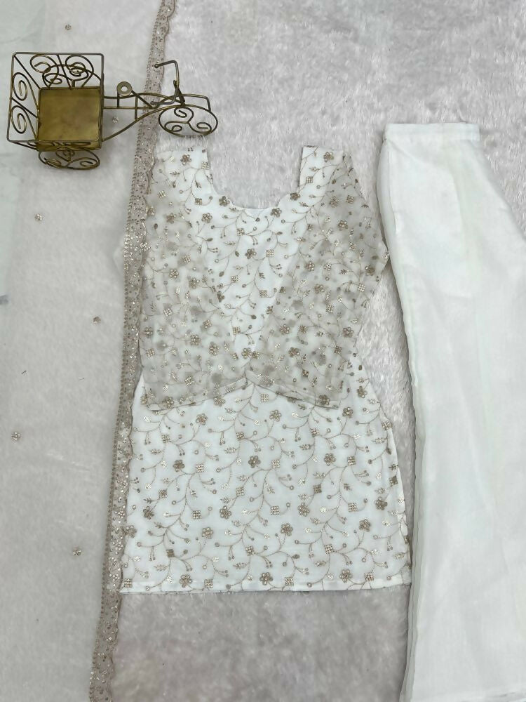 Teeya Creation White Embroidered Short Kurti Sharara Suit Set With Dupatta