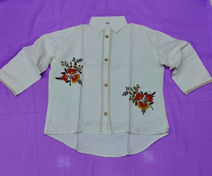 Teeya Creation Womens New Trendy Premium Cotton-Linen Off-White Fusion Shirt Kurti with Floral Embroidery
