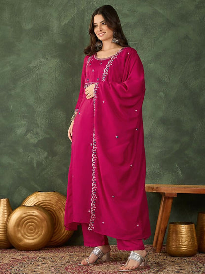 The52 Women's Gorgeous Embroidery Work Vichitra SIlk Fabric Flared Kurta Pant and Dupatta Set