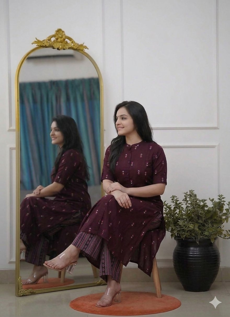 Teeya Creation Sophisticated Wine Colored Straight Kurta With Printed Palazzo Set