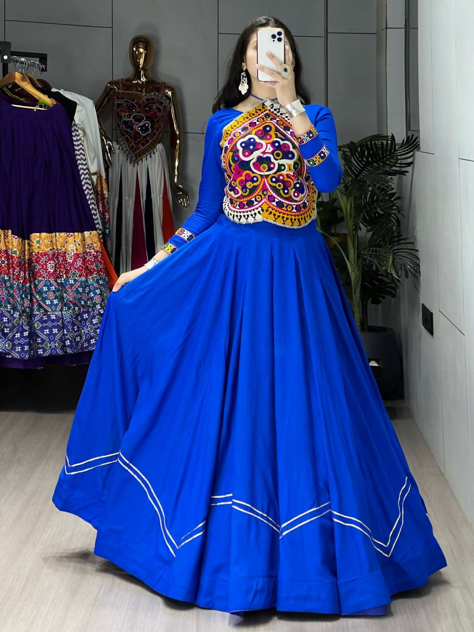 Yash Enterprise Blue Rayon Cotton Embroidery Semi Stitched Navratri Top Chaniya Choli