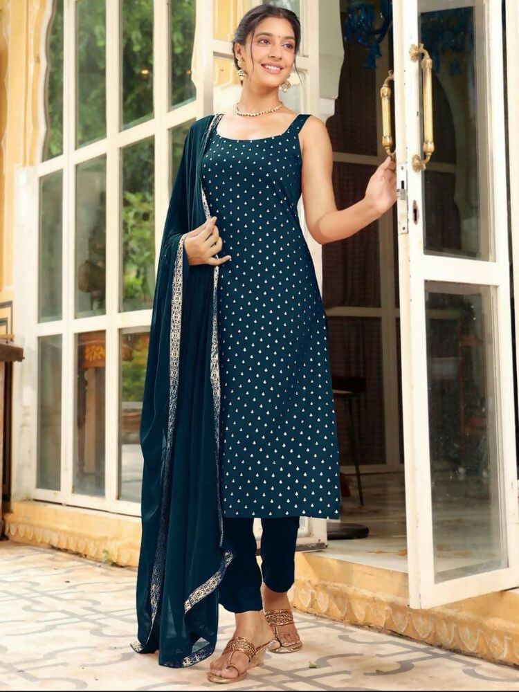 Teeya Creation Womens New Elegant Teal Embroidered Kurti with Matching Bottom Set