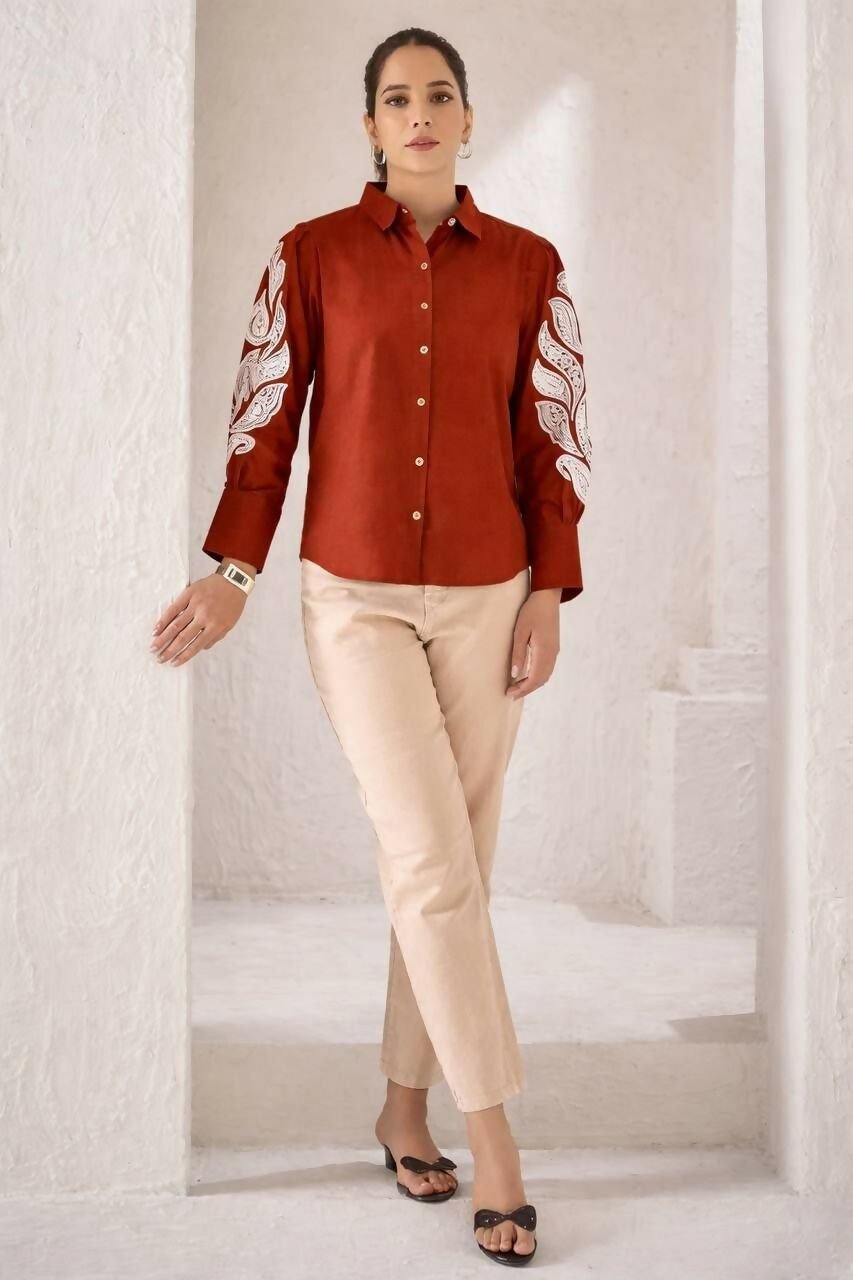 Teeya Creation Women Trendy Rust Cotton Button-Down Top with White Contrast Embroidered Sleeves