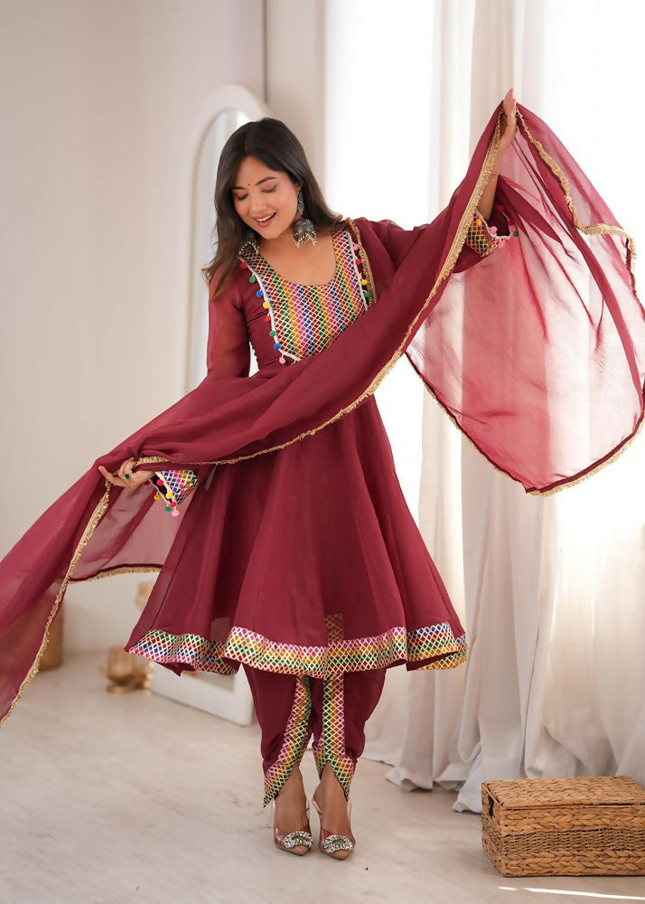 Teeya Creation New Women's Maroon Designer Peplum Kurti with Dhoti Salwar and Multicolor Embroidered Border
