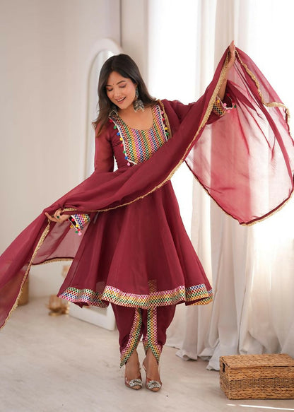 Teeya Creation New Women's Maroon Designer Peplum Kurti with Dhoti Salwar and Multicolor Embroidered Border