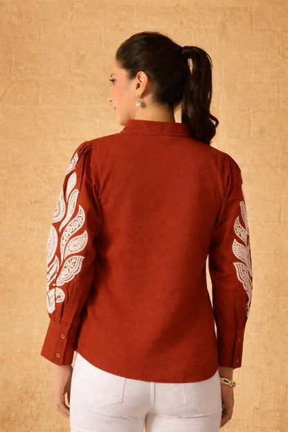 Teeya Creation Women Trendy Rust Cotton Button-Down Top with White Contrast Embroidered Sleeves
