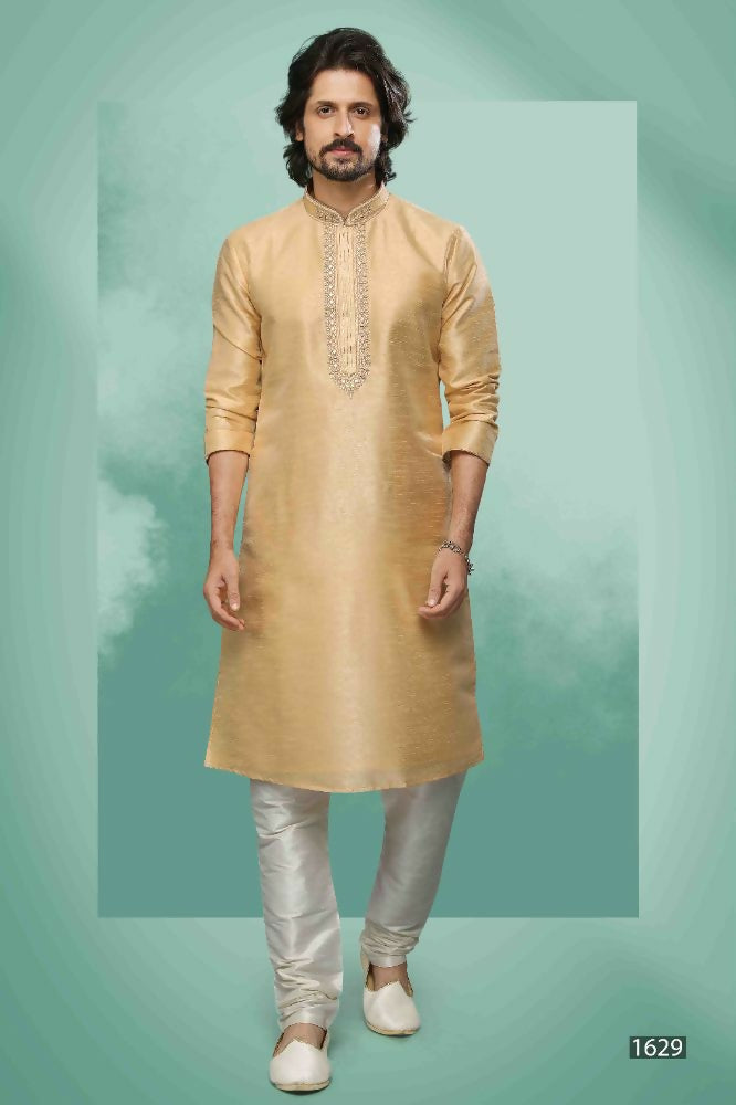 Raivat Ethnic Art Silk Mirror Embroidery Work Kurta Pajama In Beige Colour