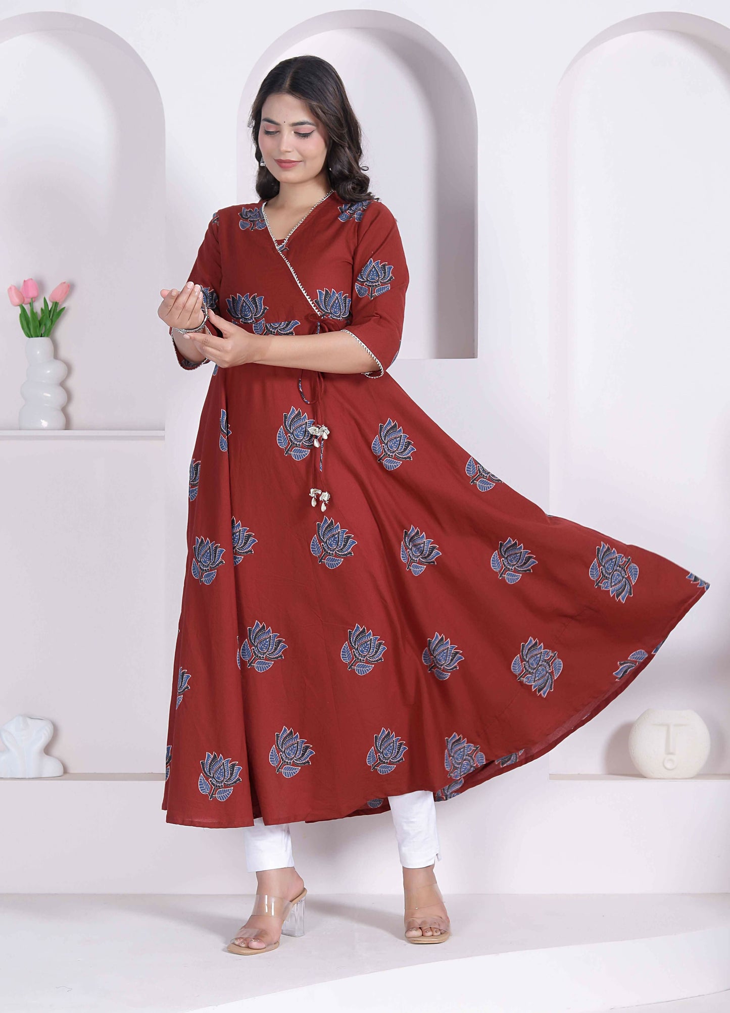 Miravan Womens Rust Floral Printed Pure Cotton Gota Patti Angrakha Kurta
