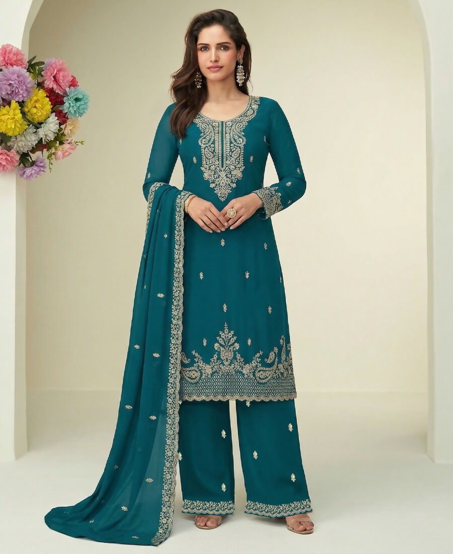 KC Aqua Blue Georgette Heavy Embroidered Fancy Suit For Women