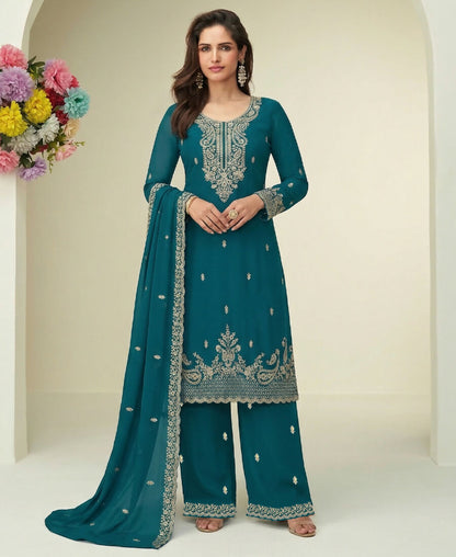 KC Aqua Blue Georgette Heavy Embroidered Fancy Suit For Women