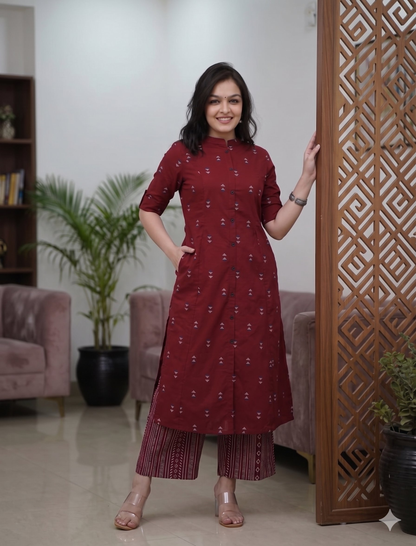 Teeya Creation Elegant Red Cotton Kurta Set Featuring Button Detail And Printed Palazzos