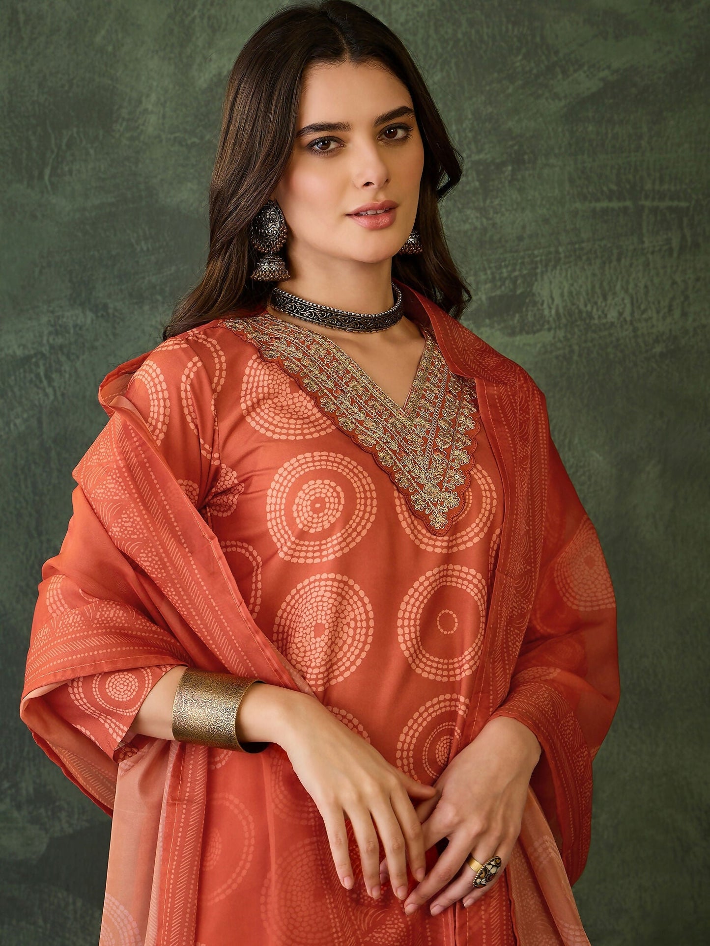 The52 Women's Gorgeous Rayon Embroidery Straight Kurta with Pant And Dupatta Set-Orange