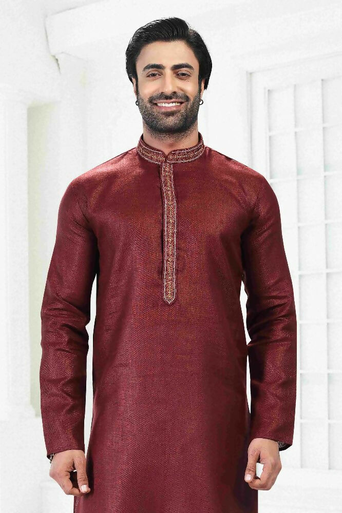 Raivat Ethnic Linen Cotton Thread Work Kurta Pajama In Maroon Colour