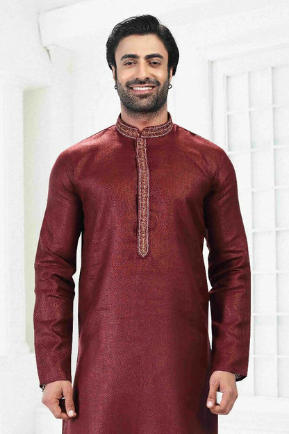 Raivat Ethnic Linen Cotton Thread Work Kurta Pajama In Maroon Colour