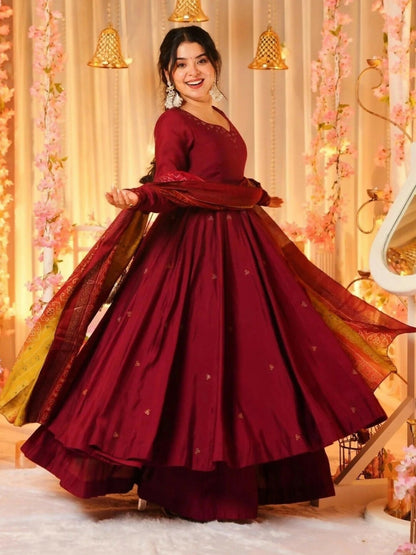 The52 Women's Beautiful Printed Work Viscose Fabric Flared Anarkali Palazzo and Dupatta Set-Maroon