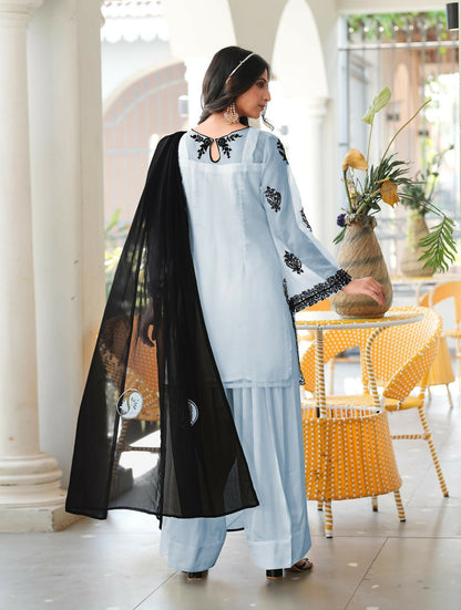 Nikhaar Light Blue Embroidered Organza Stitched Straight Cut Kurta Farshi Salwar Dupatta Readymade Suit