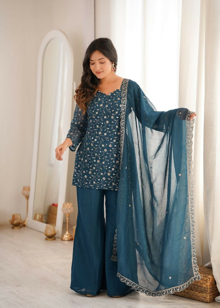 Teeya Creation Teal Blue Embroidered Short Kurti Sharara Suit Set With Dupatta